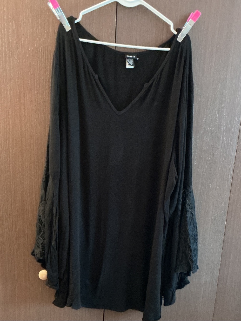 torrid Black Long Sleeve V-Neck Blouse with Lace Sleeves